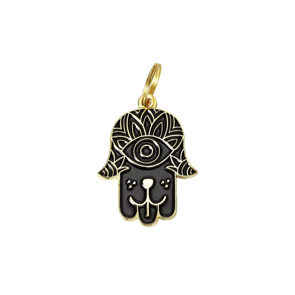 Two Tails Pet Company “BLACK DOG HAMSA ENAMEL” Personalized Dog ID Tag, Black
